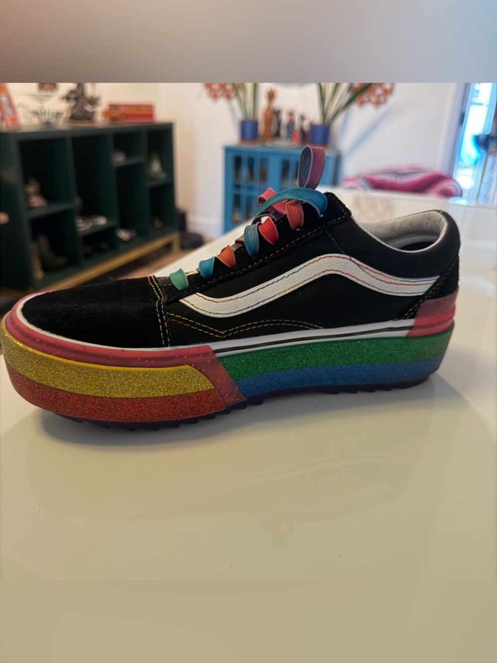 Vans Black Sneakers with Rainbow Laces and Pink Gold Accent - Picture 6 of 14
